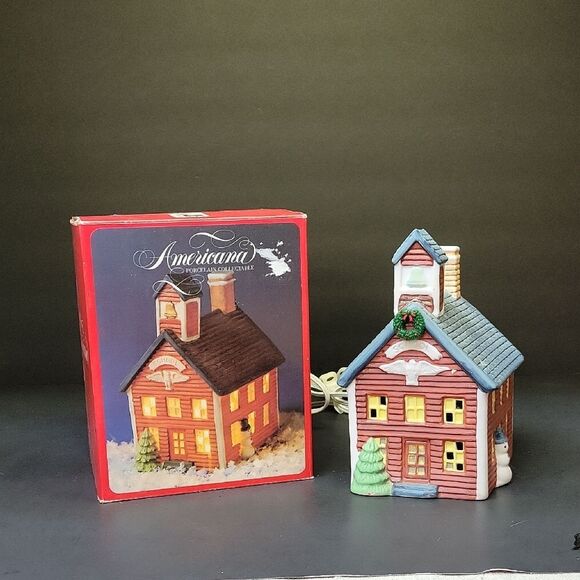 Americana Porcelain Collectable Red School House Building Christmas Village - Picture 1 of 8